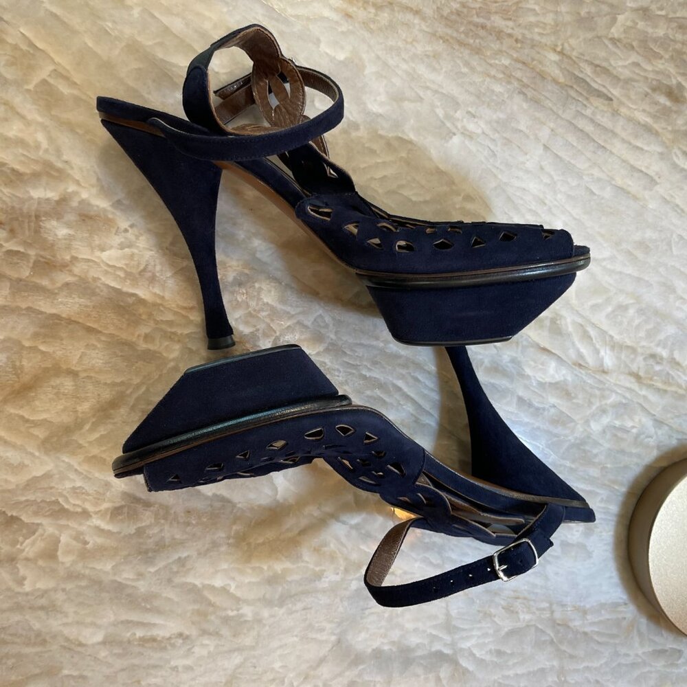 Marni Blue Laser Cut Elasticated Slingback Ankle Buckle Stiletto Heels Size 39